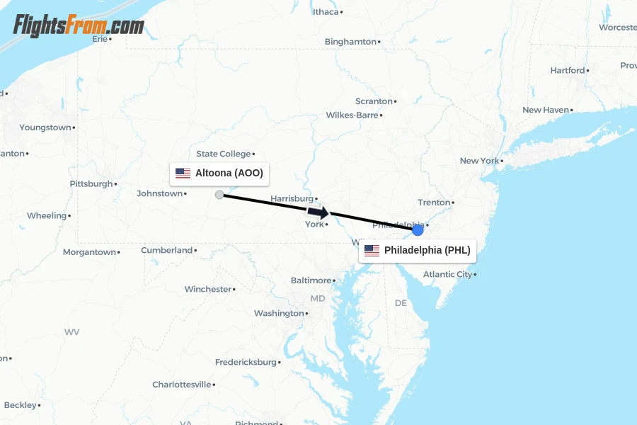 Flights from Altoona to Philadelphia route map