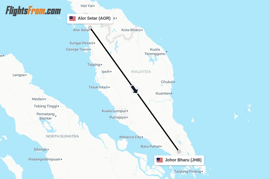 Flights from Alor Setar to Johor Bharu route map