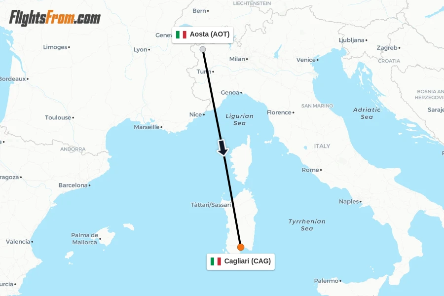Flights from Aosta to Cagliari route map