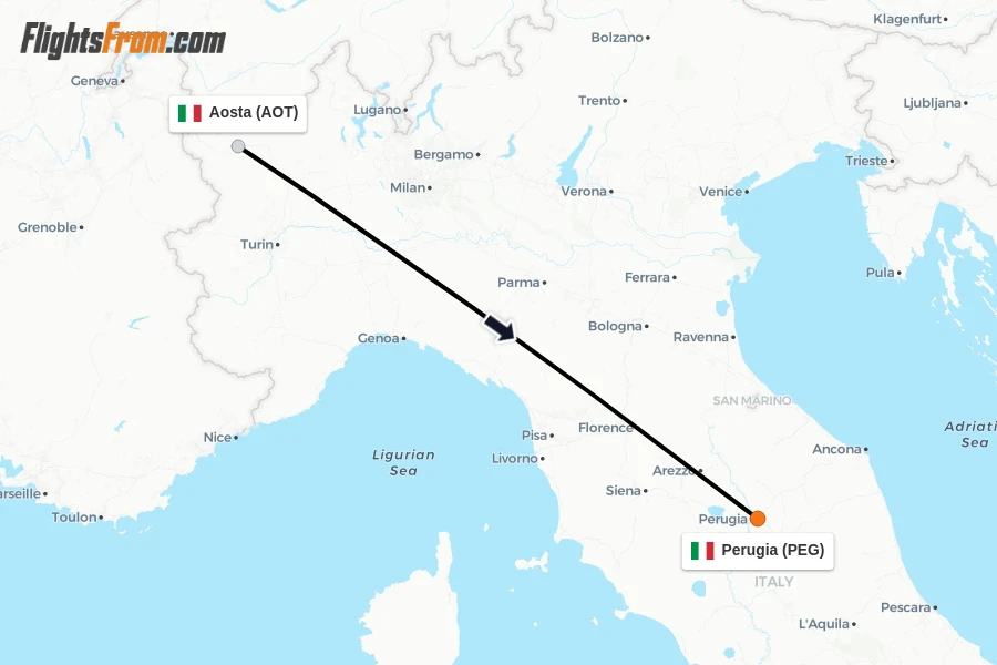 Flights from Aosta to Perugia route map