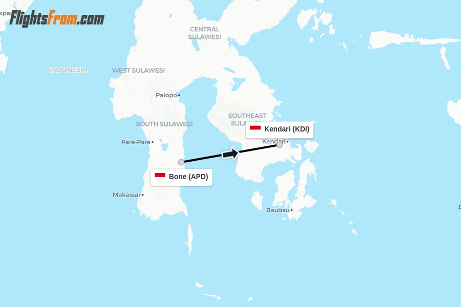 Flights from Bone to Kendari route map