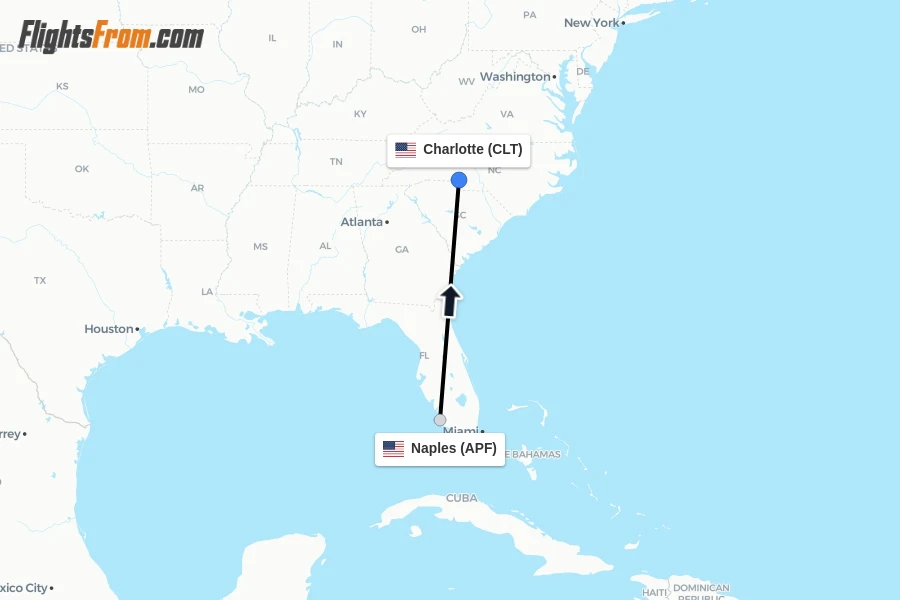 Flights from Naples to Charlotte route map