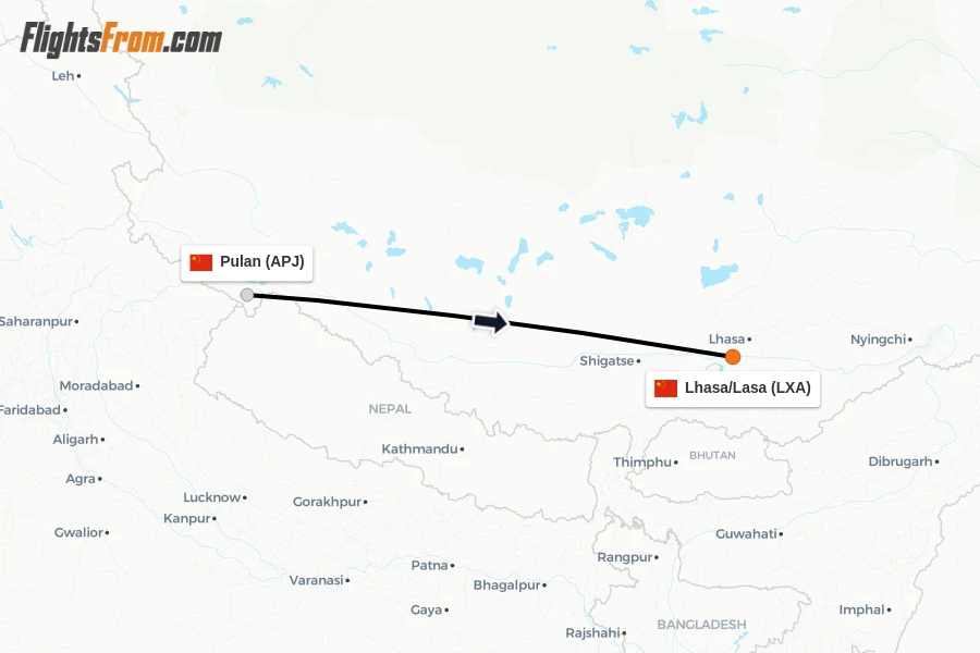 Flights from Pulan to Lhasa/Lasa route map