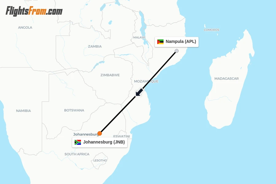 Flights from Nampula to Johannesburg route map