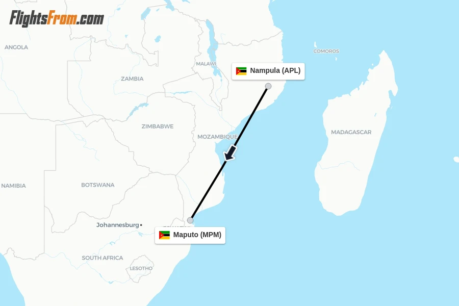Flights from Nampula to Maputo route map