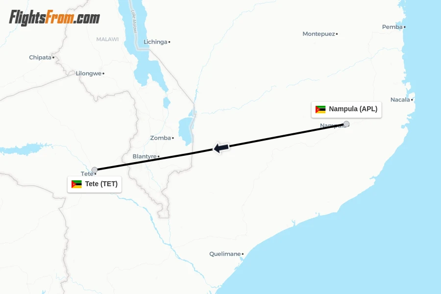 Flights from Nampula to Tete route map