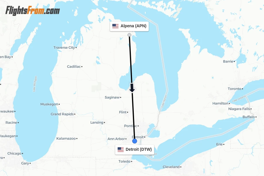 Flights from Alpena to Detroit route map