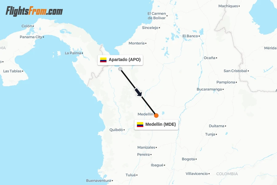 Flights from Apartado to Medellin route map