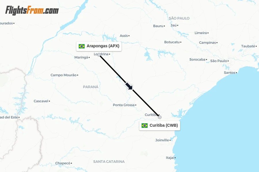 Flights from Arapongas to Curitiba route map