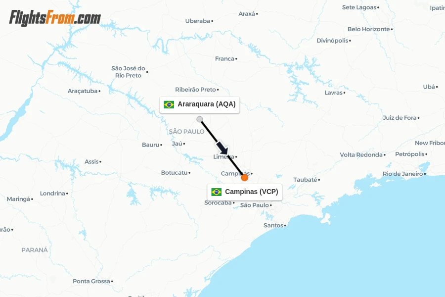 Flights from Araraquara to Campinas route map