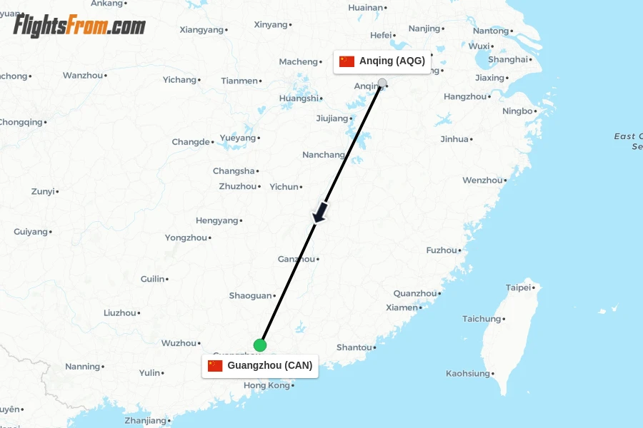Flights from Anqing to Guangzhou route map