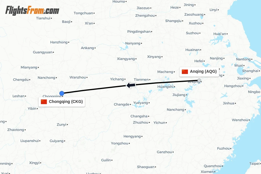 Flights from Anqing to Chongqing route map