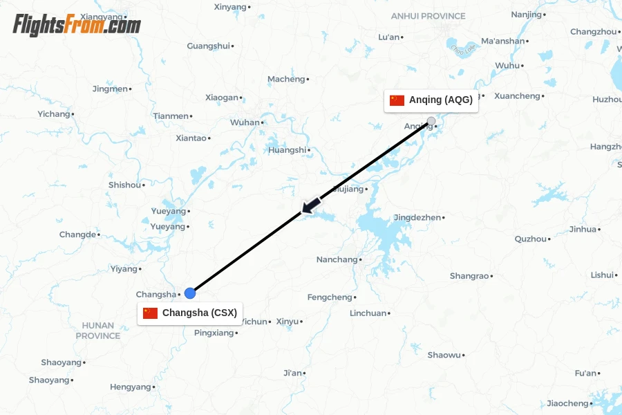 Flights from Anqing to Changsha route map