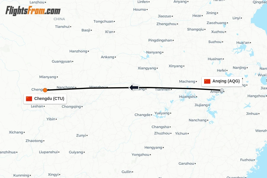 Flights from Anqing to Chengdu route map