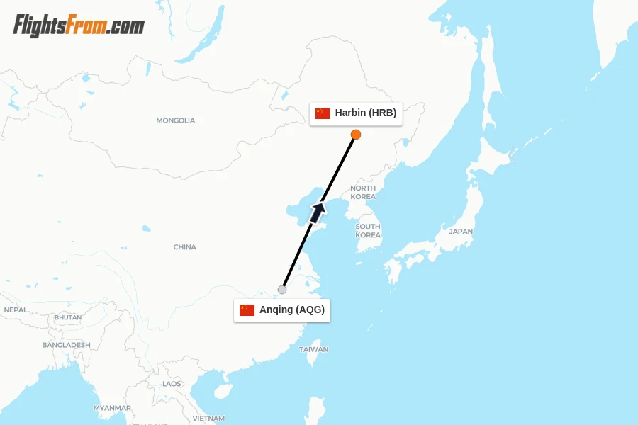 Flights from Anqing to Harbin route map