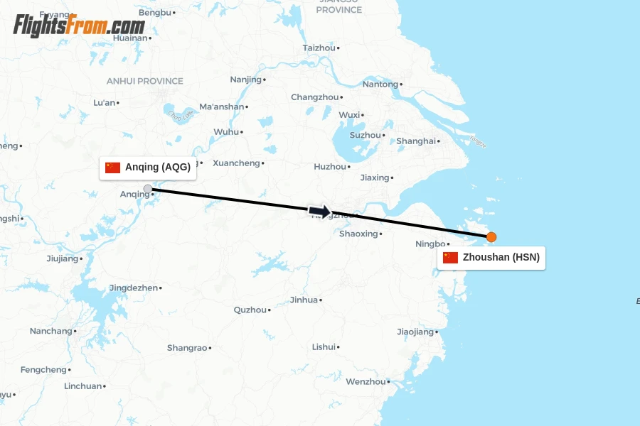 Flights from Anqing to Zhoushan route map