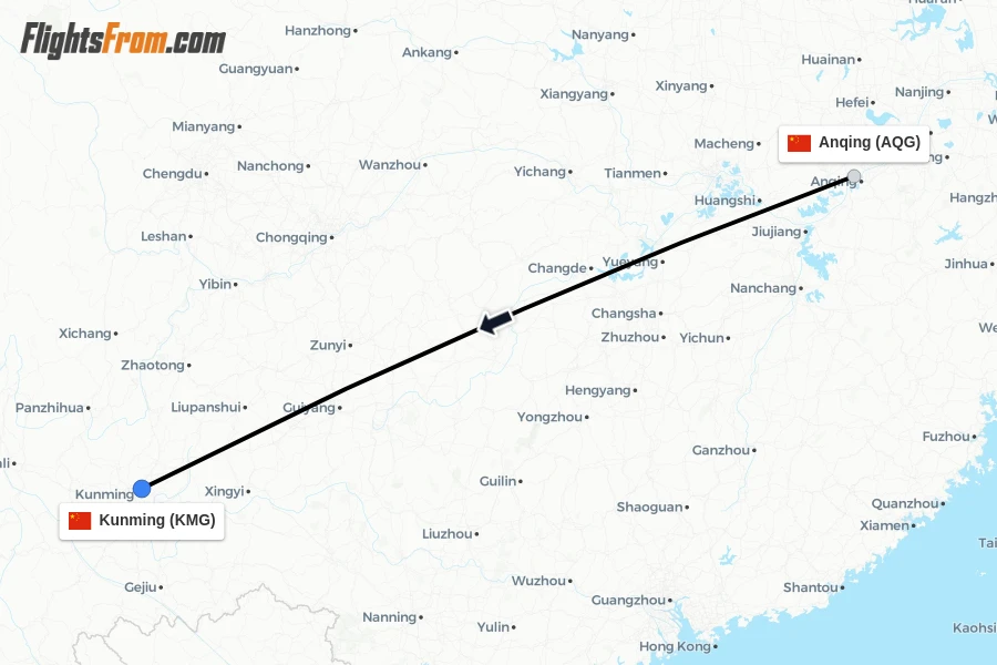 Flights from Anqing to Kunming route map
