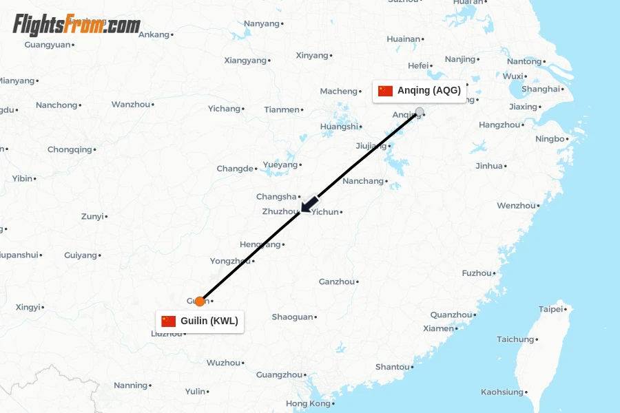 Flights from Anqing to Guilin route map