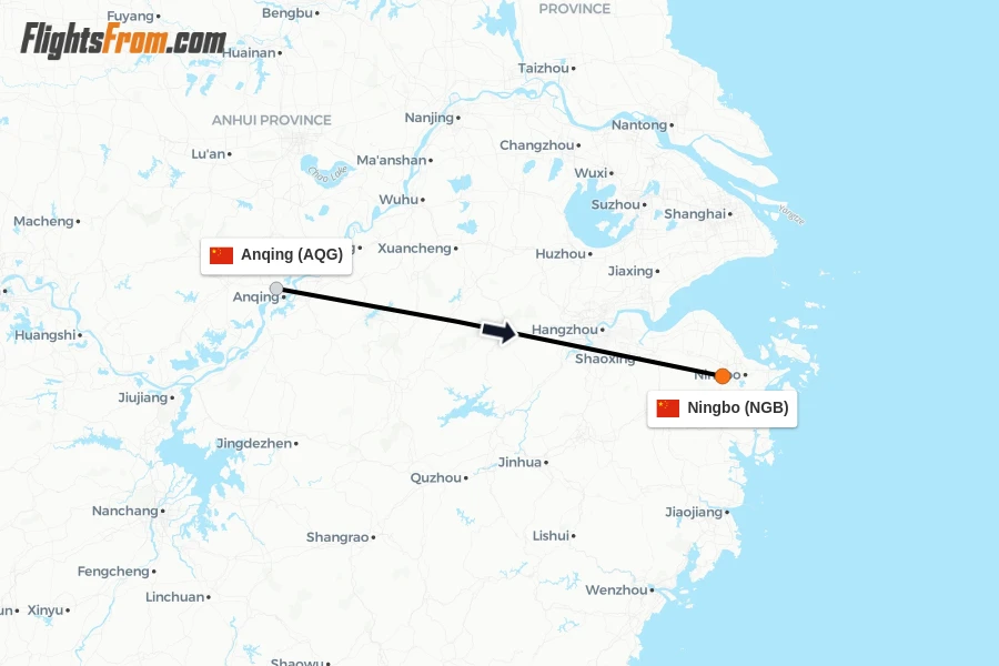 Flights from Anqing to Ningbo route map