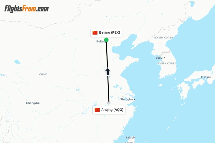 Flights from Anqing to Beijing route map