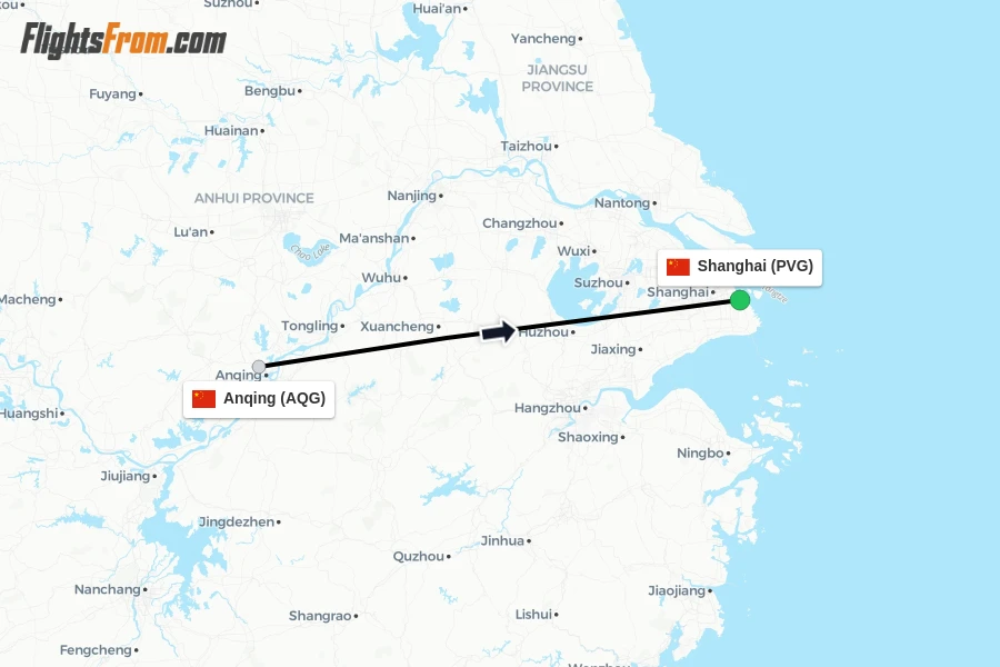 Flights from Anqing to Shanghai route map