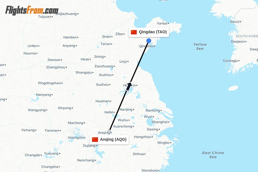 Flights from Anqing to Qingdao route map