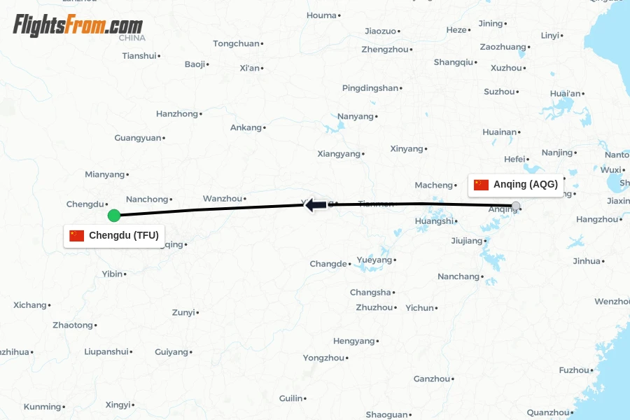 Flights from Anqing to Chengdu route map