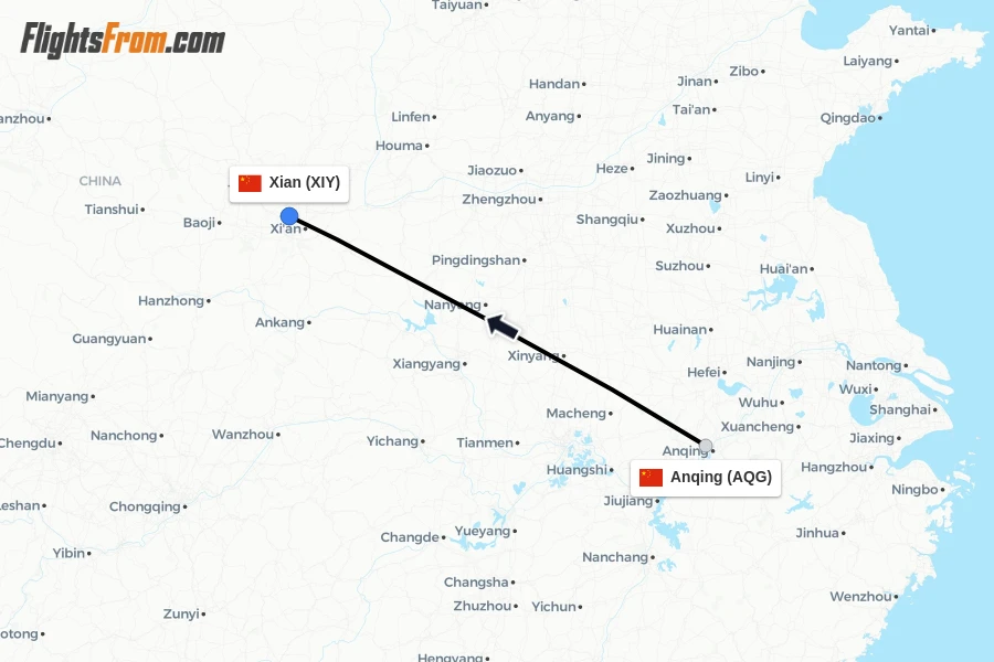 Flights from Anqing to Xian route map