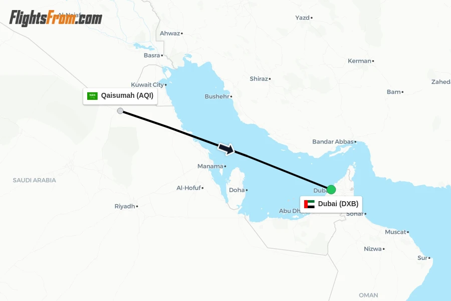 Flights from Qaisumah to Dubai route map