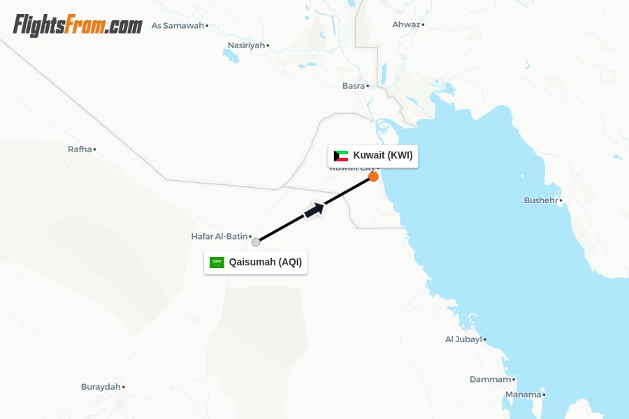 Flights from Qaisumah to Kuwait route map