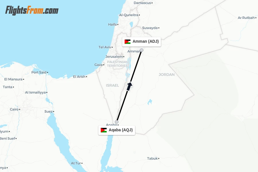 Flights from Aqaba to Amman route map