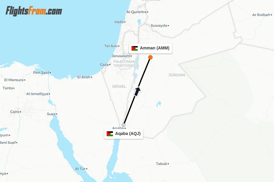 Flights from Aqaba to Amman route map
