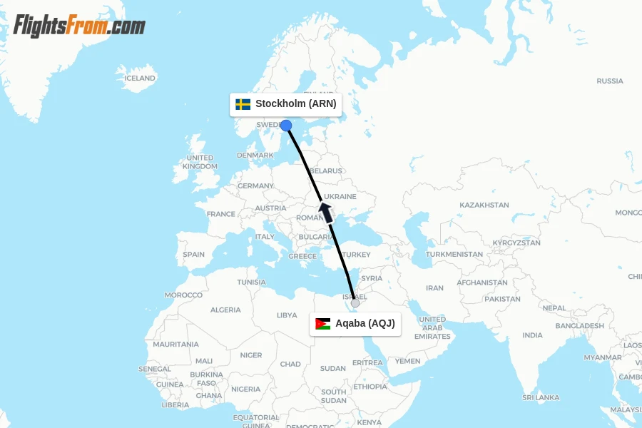 Flights from Aqaba to Stockholm route map