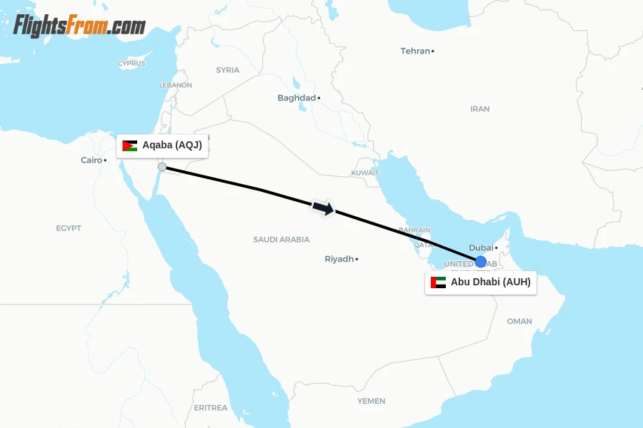 Flights from Aqaba to Abu Dhabi route map