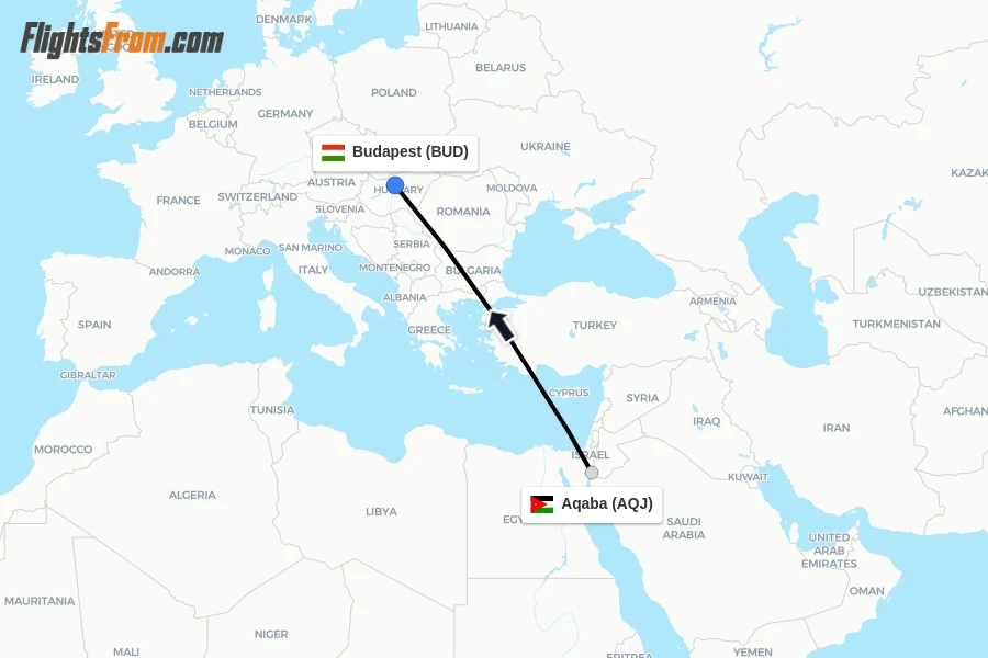 Flights from Aqaba to Budapest route map