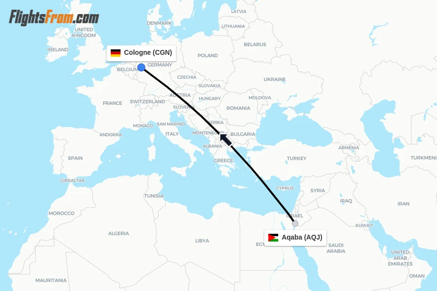 Flights from Aqaba to Cologne route map