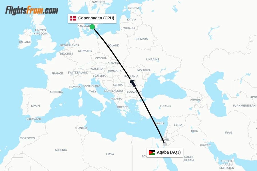 Flights from Aqaba to Copenhagen route map