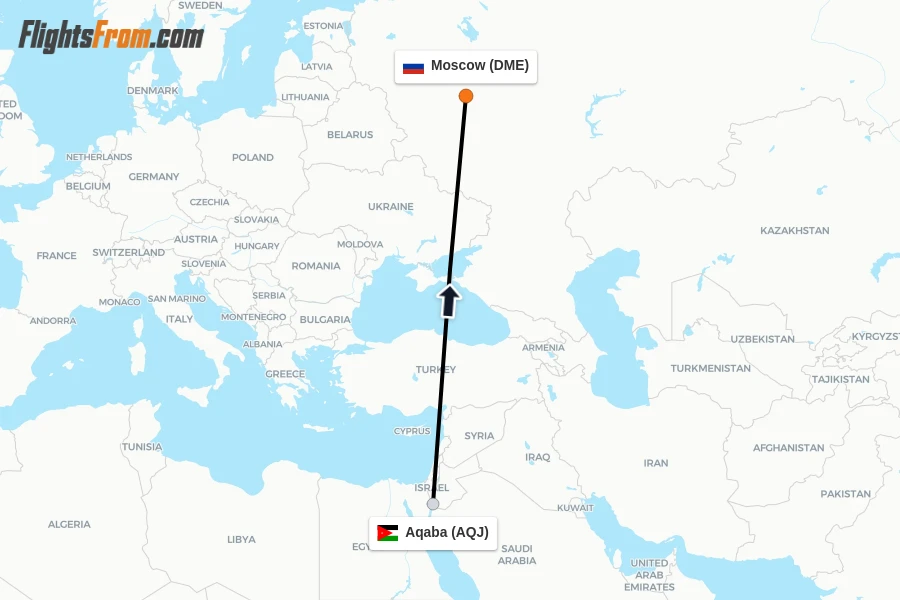 Flights from Aqaba to Moscow route map