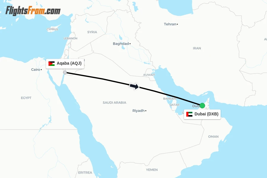 Flights from Aqaba to Dubai route map