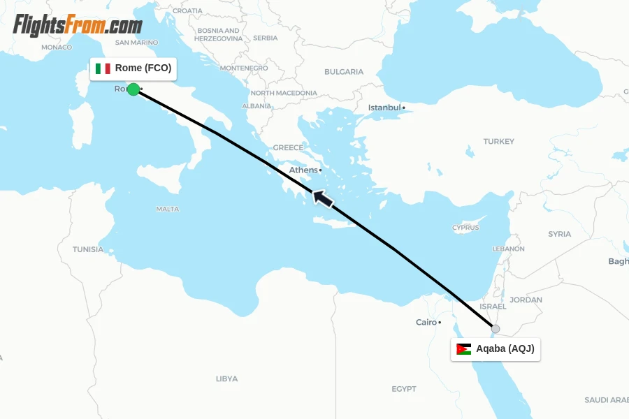 Flights from Aqaba to Rome route map