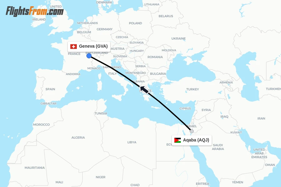 Flights from Aqaba to Geneva route map