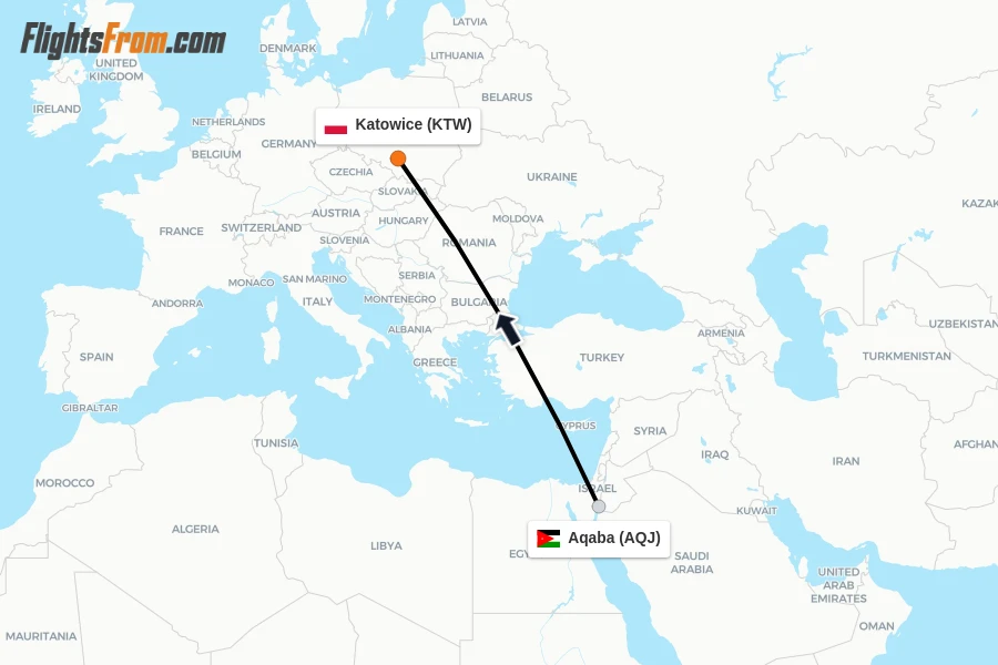 Flights from Aqaba to Katowice route map