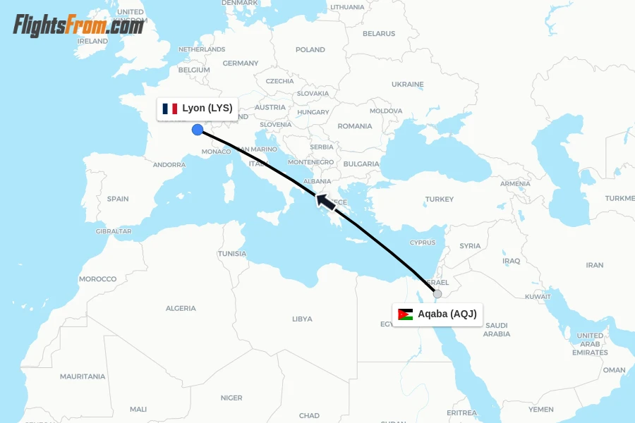 Flights from Aqaba to Lyon route map