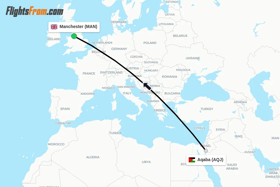 Flights from Aqaba to Manchester route map