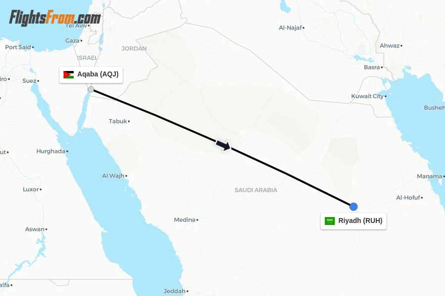Flights from Aqaba to Riyadh route map