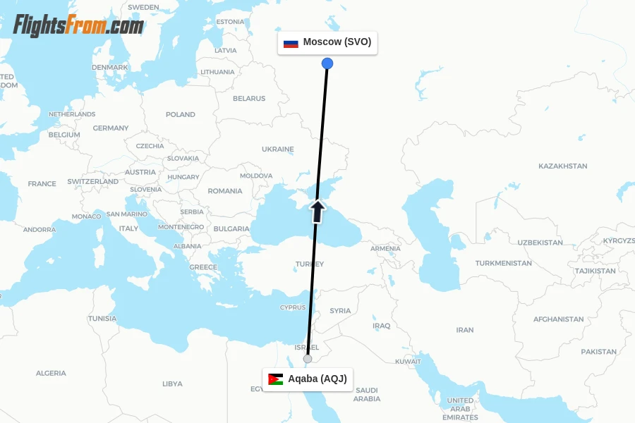 Flights from Aqaba to Moscow route map