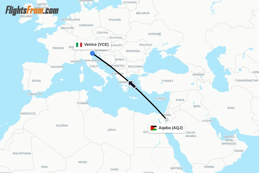 Flights from Aqaba to Venice route map