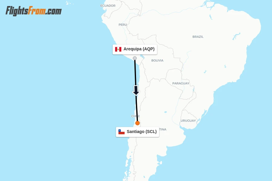Flights from Arequipa to Santiago route map