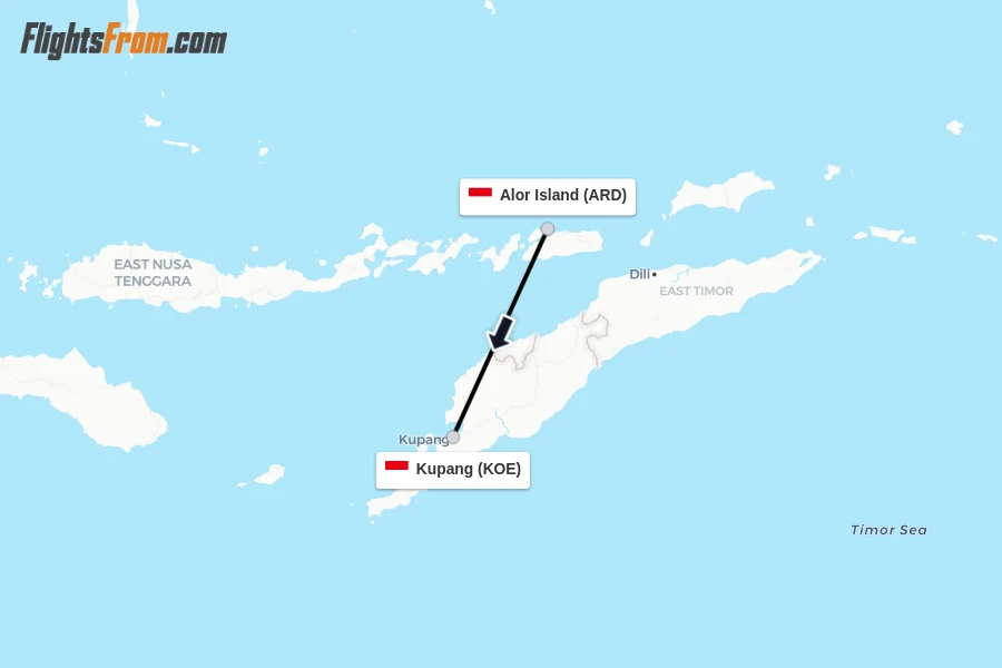 Flights from Alor Island to Kupang route map