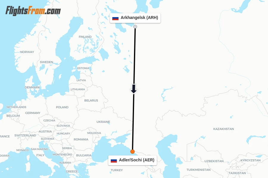 Flights from Arkhangelsk to Adler/Sochi route map